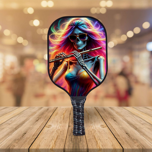 Pickleball paddle with colorful skull and violin art, round head and dark grip
