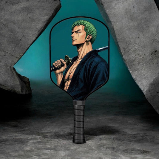 Pickleball paddle with circular Roronoa Zoro artwork and dark textured handle