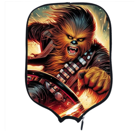 Pickleball paddle cover with roaring wookiee-style character artwork, zippered pouch