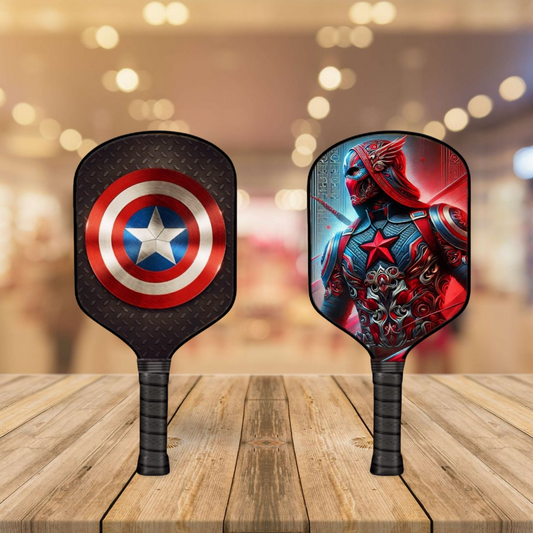 Pickleball paddles with Captain America shield and red/blue character graphics, black grip.