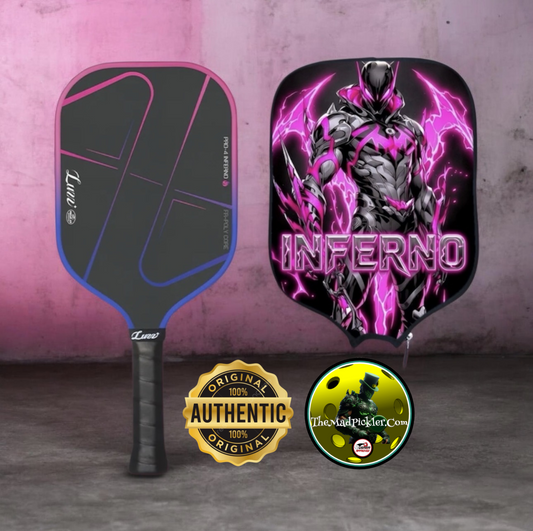 Luzz Pro 4 Inferno pickleball paddle, black face with pink rim and blue grid lines