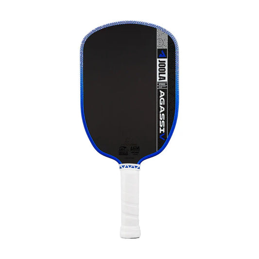 Pickleball paddle with black face, blue edge trim, and white grip handle