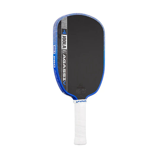 Pickleball paddle with black hitting surface, blue border, and white handle