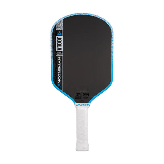 Pickleball paddle with black face and light blue edge, white grip
