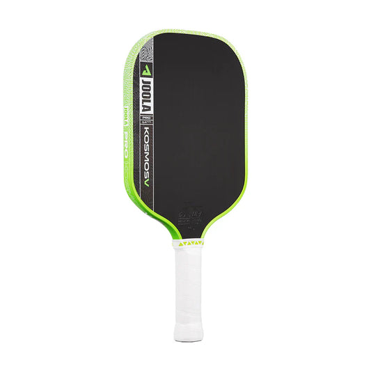 Pickleball paddle with black face and neon green border, white handle