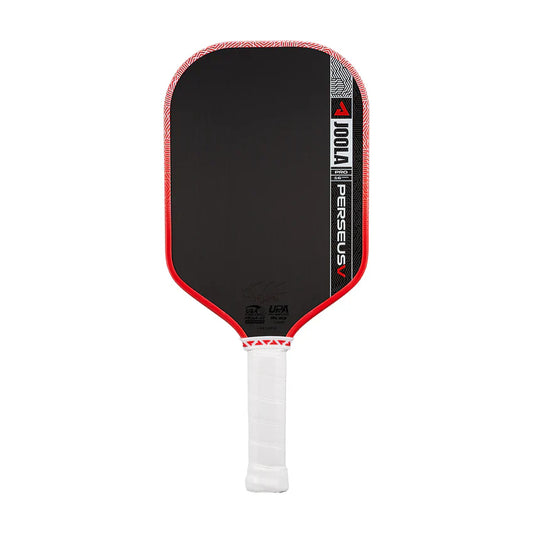 Red and black pickleball paddle with white grip and textured edge border