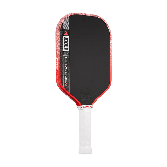 Red-framed pickleball paddle with black face and white grip, vertical brand strip