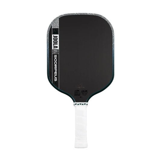 Pickleball paddle with dark face, teal-green edge trim, white wrapped handle.