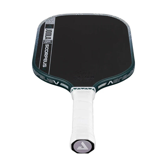 Pickleball paddle, dark face with teal-green rim; white grip with logo end cap.