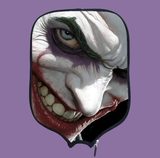 Pickleball paddle cover with Joker-style face graphic and zippered closure