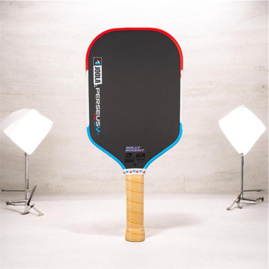 Pickleball paddle with black face, blue edges, red trim, and natural wood grip