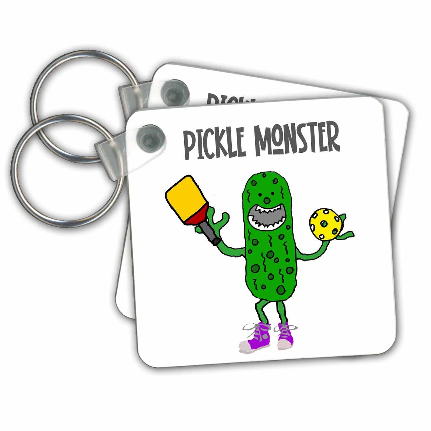 Key Chain - Funny Pickle Monster Pickleball Player with Paddle and Ball Cartoon Sports and Hobbies