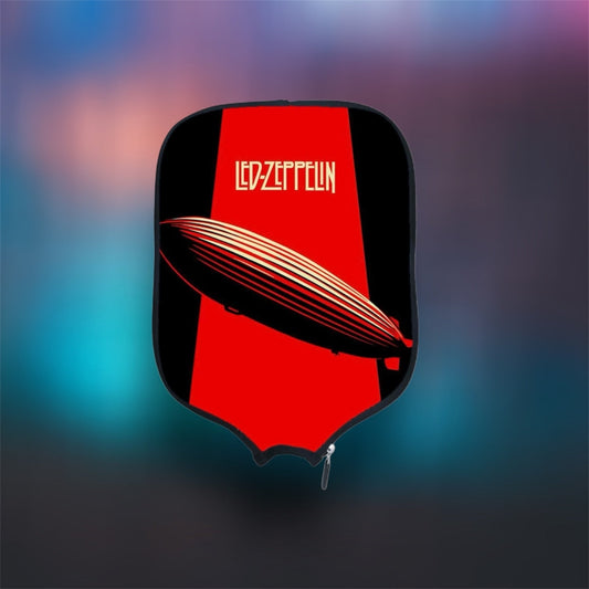 Pickleball paddle cover, red and black with Led Zeppelin graphic, zippered case