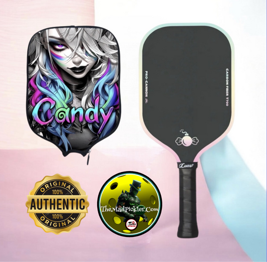 Pickleball paddle with black face, pink/teal edge, and matching graphic cover