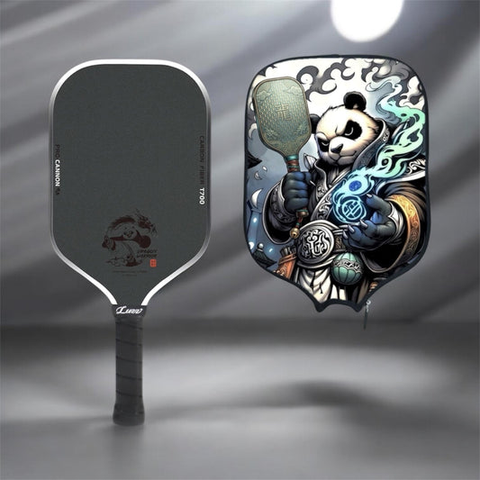 Pickleball paddle with dark gray face and decorative Kung Fu Panda cover