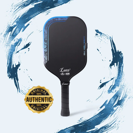 Luzz limited edition pickleball paddle with black face and blue-edge frame, black handle