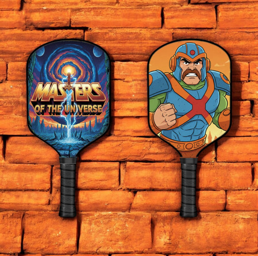 Pickleball paddle pair with blue Masters logo and character graphic, black grip