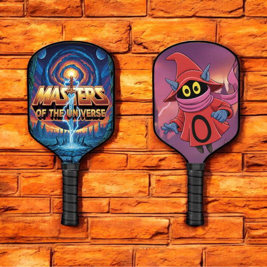 Pickleball paddles with colorful character faces, black handles and round paddles.