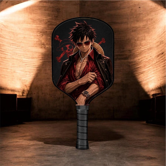 Pickleball paddle with dark Luffy character graphic on round face.