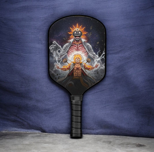 Pickleball paddle with dark face and colorful anime-style character artwork