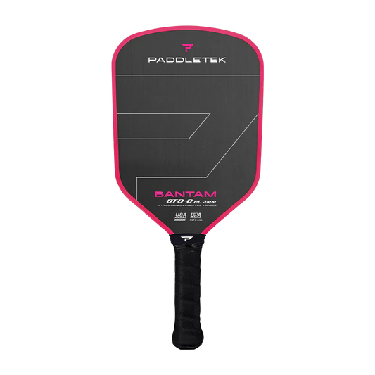 Pickleball paddle with black face, pink edge guard, and Bantam GTO-C branding