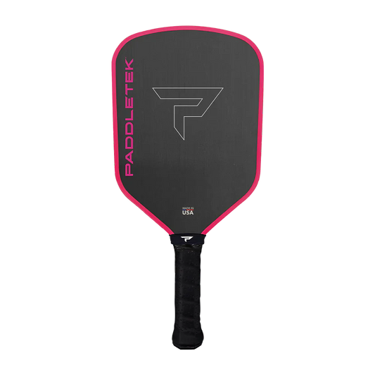 Pickleball paddle with black face and pink trim, showing vertical Paddletek lettering