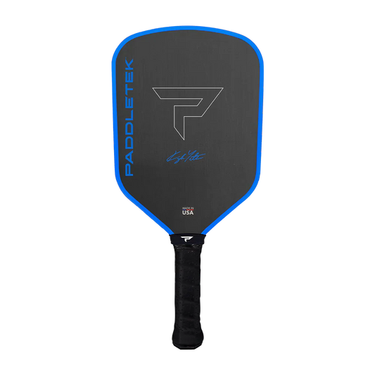 Pickleball paddle with dark graphite face, blue rim, and PADDLETEK logo