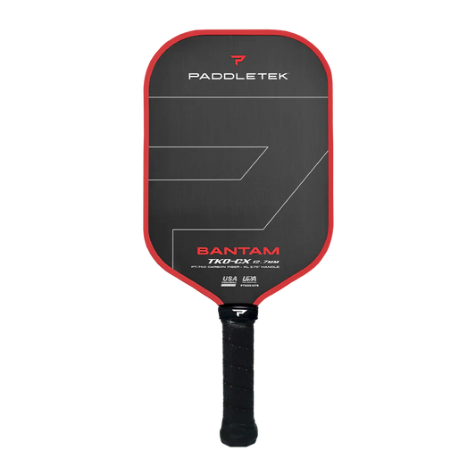 Black pickleball paddle with red edge, PADDLETEK and BANTAM TKO-CX branding
