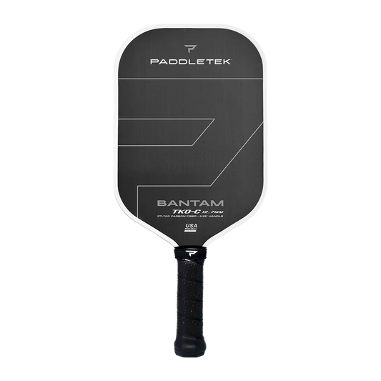 Pickleball paddle front view with black face, white border, and Bantam TKO-C labels.