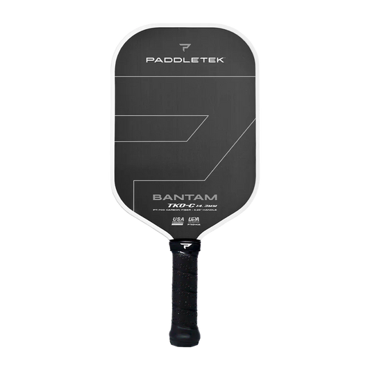Pickleball paddle with black face, white edge, and Paddletek Bantam branding.