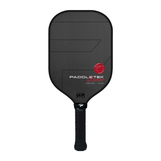 Dark gray pickleball paddle with red Paddletek logo and honeycomb foam face