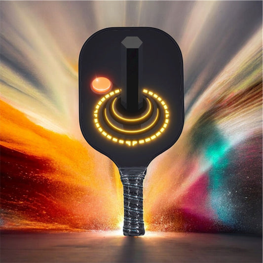 Neon-style pickleball paddle with glowing yellow outline and black grip