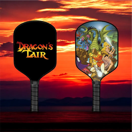 Pickleball paddle in black with Dragon's Lair graphic face and textured handle grip