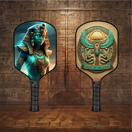 Two-sided pickleball paddle with teal Nephthys graphic and dark handle
