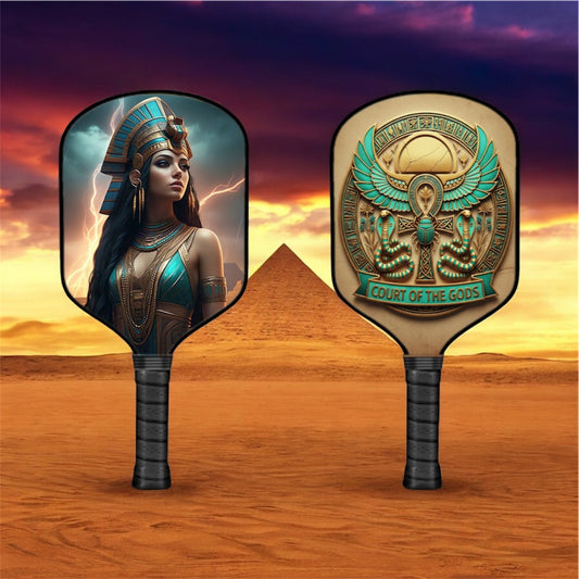 Pickleball paddle with Mut deity graphic on both faces, black grip and teal accents