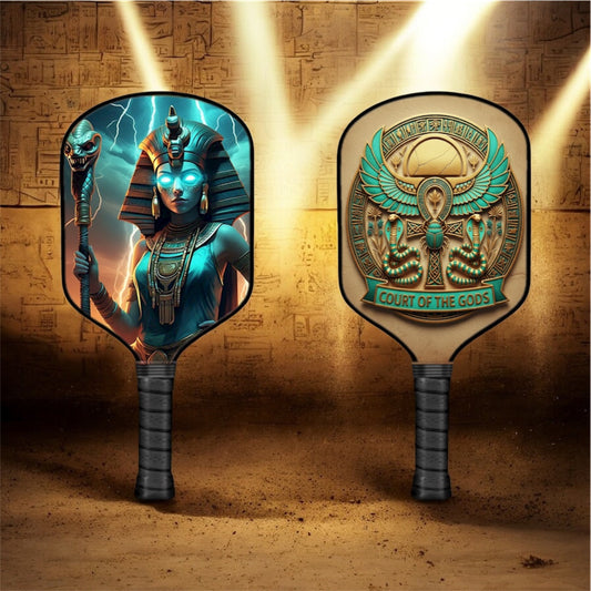 Pickleball paddle with teal Egyptian cobra face graphic and dark handle