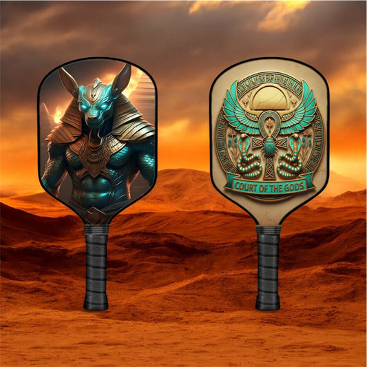 Pickleball paddle set with teal and gold Ancient Egyptian god graphics, black grips