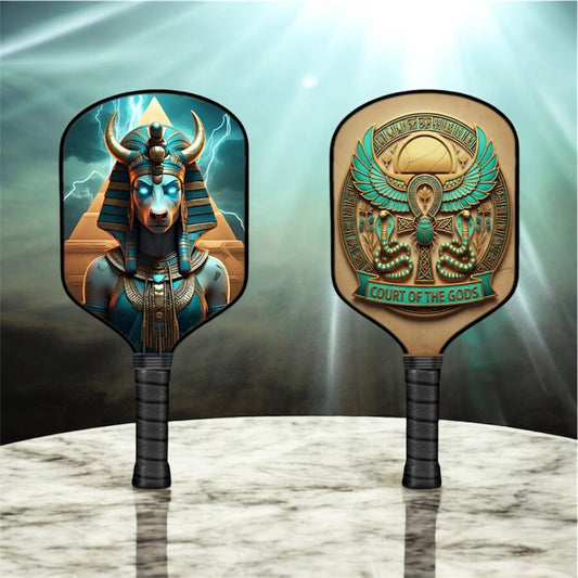 Pickleball paddle with teal-and-gold Egyptian Hathor artwork on both sides