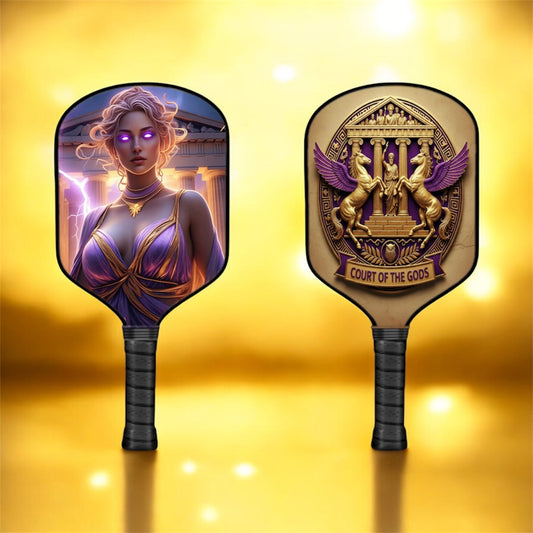 Aphrodite myth-themed pickleball paddle with colorful circular face and dark handle