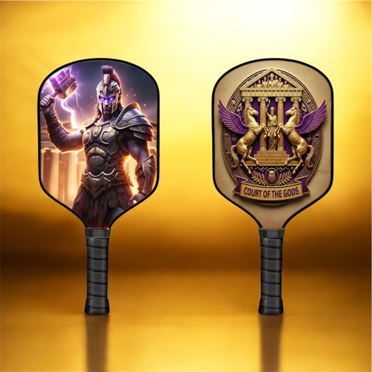 Set of 2 myth-themed pickleball paddles with Ares and gold court emblem artwork