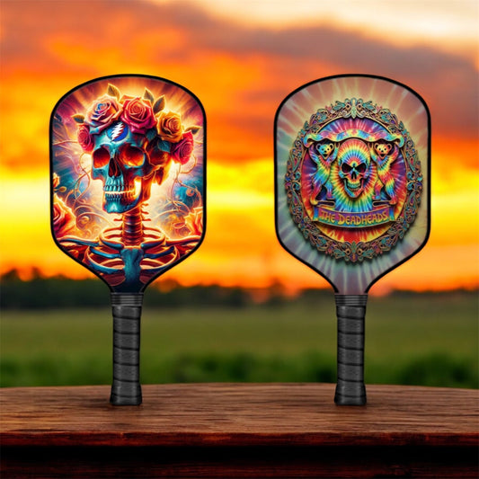 Grateful Dead Bertha pickleball paddle with colorful skull artwork on round face
