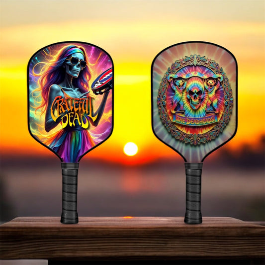 Stella Blue pickleball paddle with colorful skull graphic, round face and textured grip