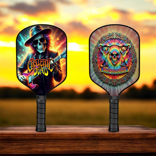 Pickleball paddles with colorful skull graphic faces