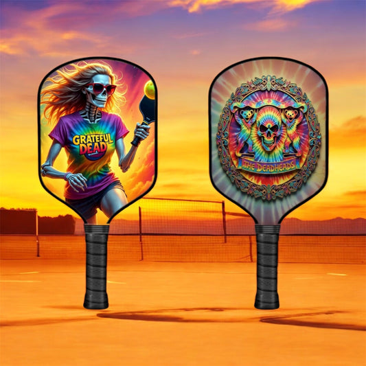 Colorful pickleball paddle with Grateful Dead skull graphic and black grip