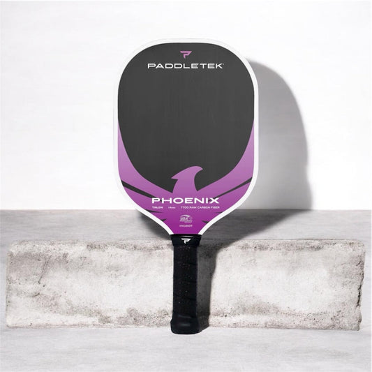 Pickleball paddle with black face and purple Phoenix graphic, white trim, black grip