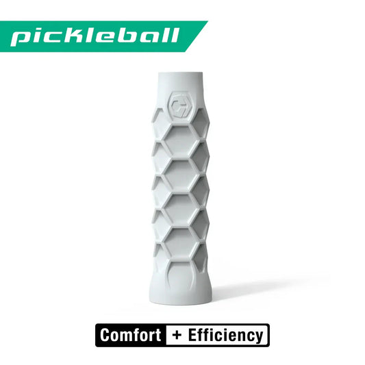 Light gray-white hexagon honeycomb pickleball grip with end cap, standalone