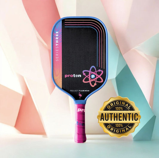Proton SeriesThree elongated pickleball paddle, blue frame with pink grip, black hitting face