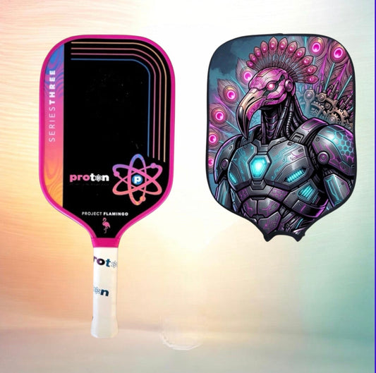 Proton elongated paddle, white face with pink border and flamingo theme; includes cover.