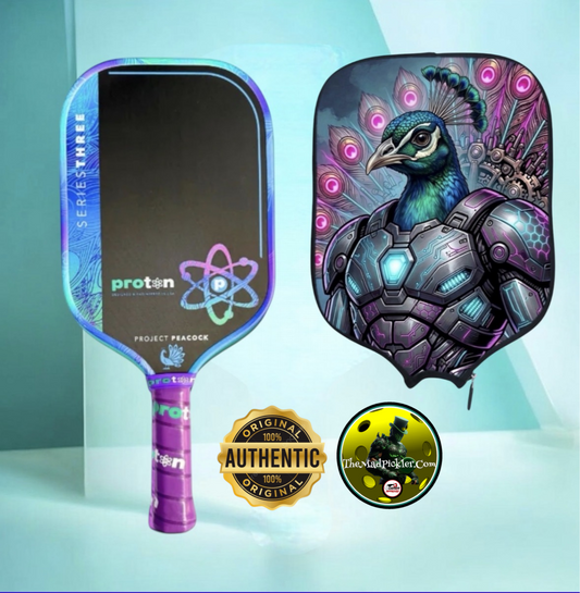 Pickleball paddle with black face and jade/plum accents, with matching padded cover
