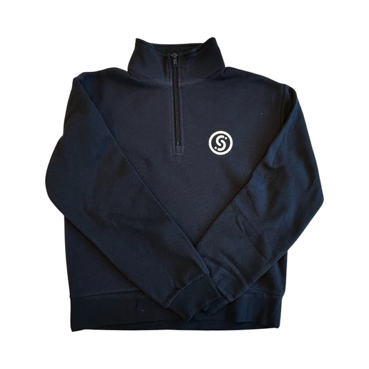 Women’s dark quarter-zip pullover with stand collar and small chest logo